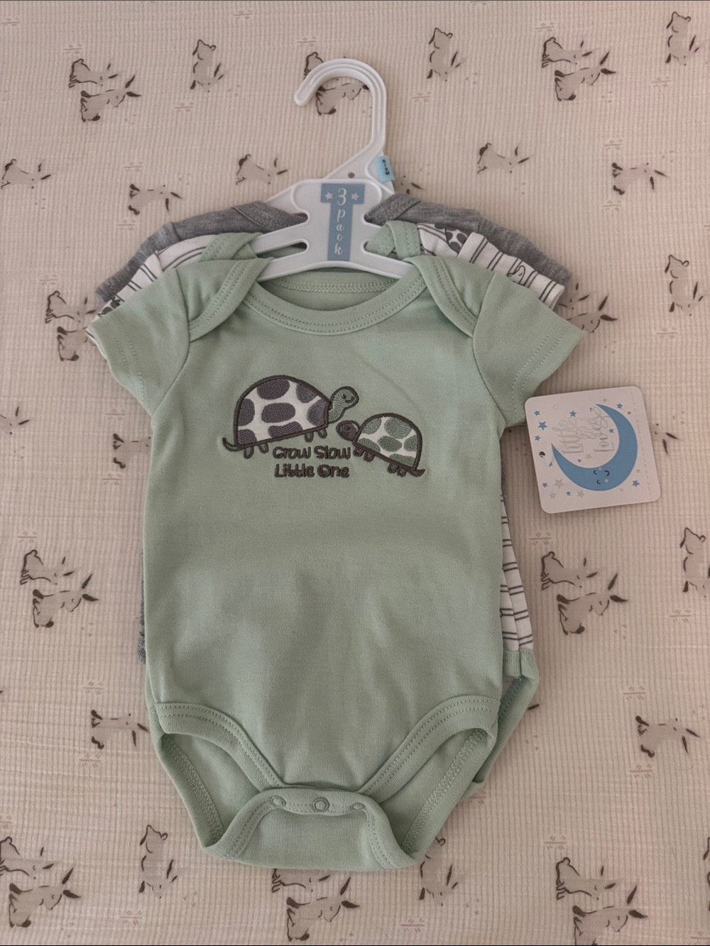 3-Pack Baby One-Piece Bodysuits with Turtle Appliqué - Sage, Gray, White